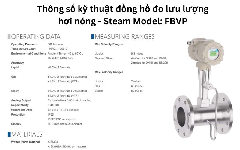 thông số kỹ thuật của đồng hồ đo lưu lượng hơi nóng - Steam dạng Model FBVP
